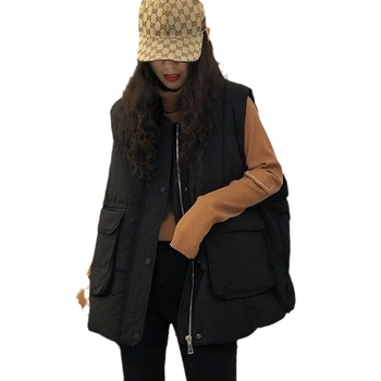 Vestă damă cu umplutură de bumbac și puf, guler înalt, fermoar, croială lejeră, toamnă 2024