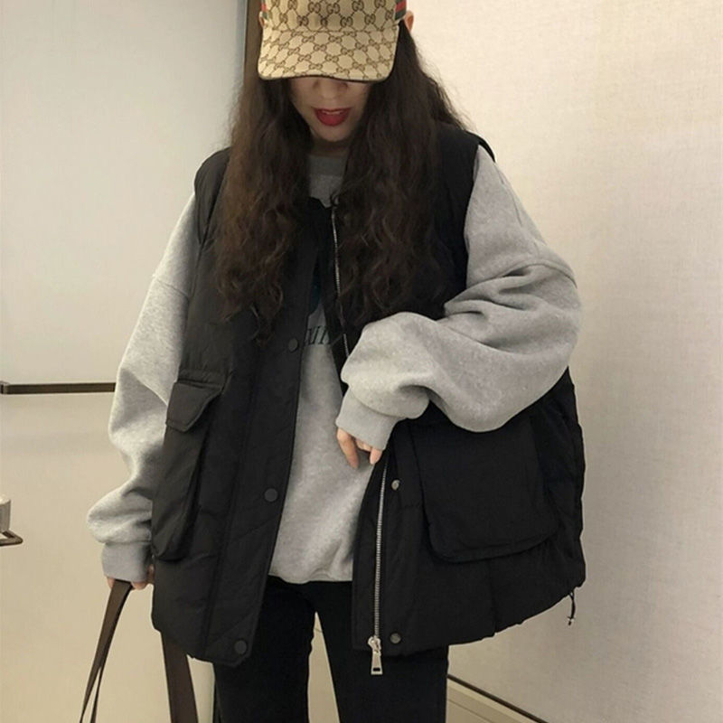 Vestă damă cu umplutură de bumbac și puf, guler înalt, fermoar, croială lejeră, toamnă 2024