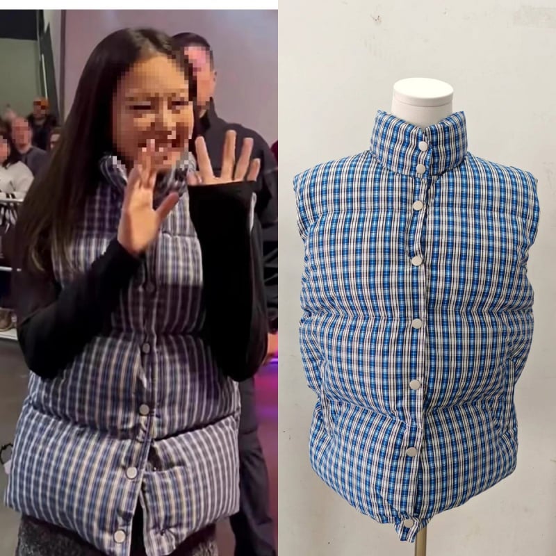 Γυναικείο βαμβακερό γιλέκο με καρό μοτίβο, όρθιος γιακάς, πολύ κοντό μήκος, γέμισμα από ακρυλικό βαμβάκι, υπερλεπτό