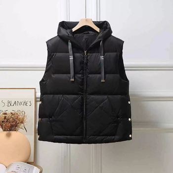 Ženska kapuljača vesta s perjem, punilo od pačjeg perja 76–80%, zatvarač, duljina 50–65 cm, Zima 2025