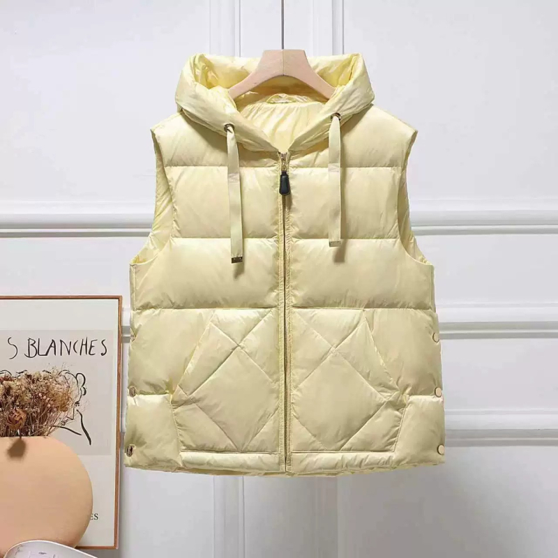 Ženska kapuljača vesta s perjem, punilo od pačjeg perja 76–80%, zatvarač, duljina 50–65 cm, Zima 2025