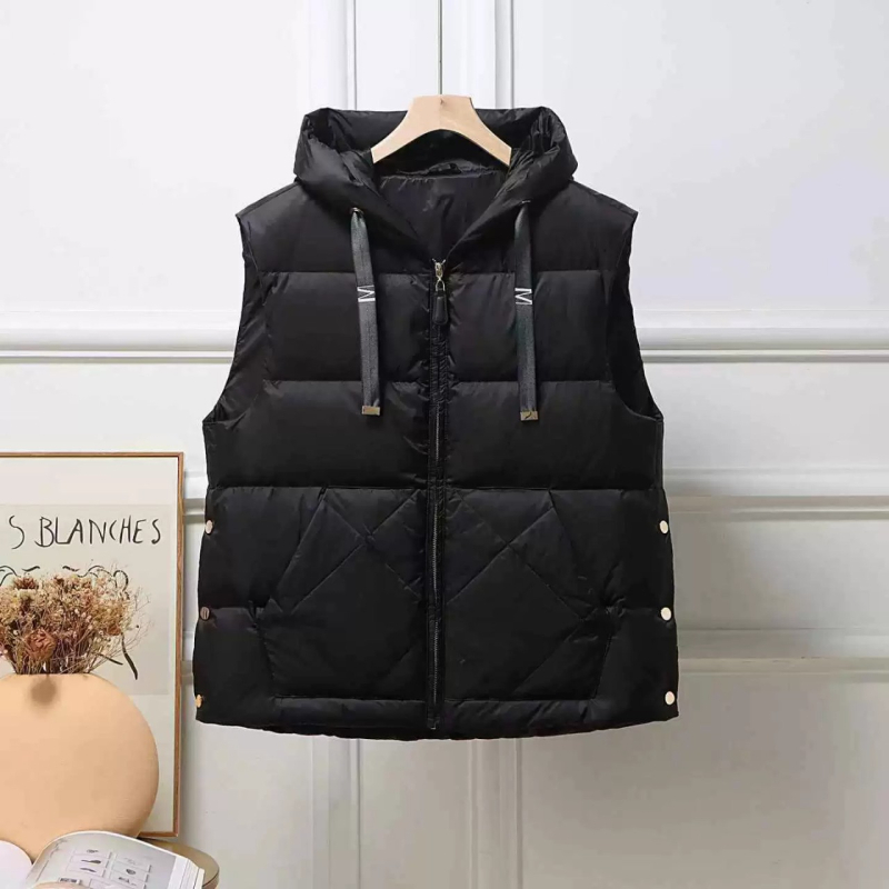 Ženska kapuljača vesta s perjem, punilo od pačjeg perja 76–80%, zatvarač, duljina 50–65 cm, Zima 2025