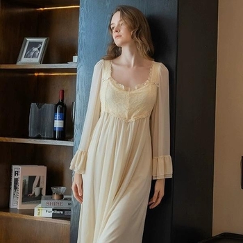 Francuski stil inspirirano luksuzno noćno odijevanje za žene s umetkom za dojke, mrežasti Modal, V izrez, dugi rukavi, udobna kućna odjeća