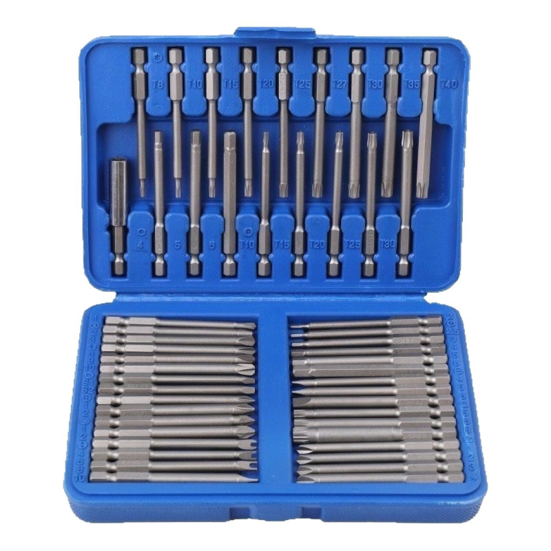 Șurubelniță electrică cu set extins de biți: triunghiular, cruce (Phillips), hexagonal și biți hex internați de formă specială; din oțel crom-vanadiu; 50 de piese; pentru uz casnic; unelte de demontare.