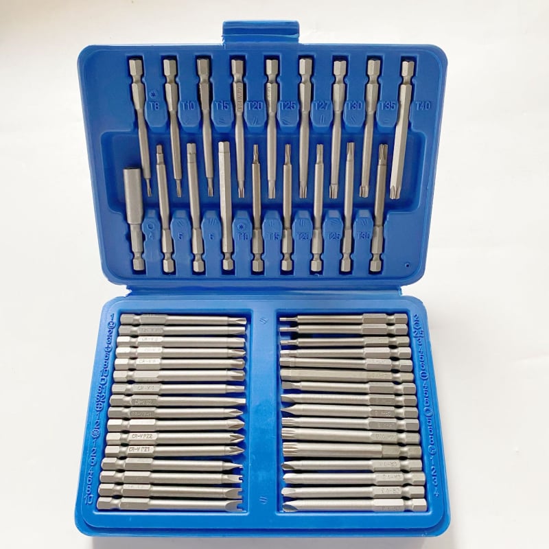 Șurubelniță electrică cu set extins de biți: triunghiular, cruce (Phillips), hexagonal și biți hex internați de formă specială; din oțel crom-vanadiu; 50 de piese; pentru uz casnic; unelte de demontare.