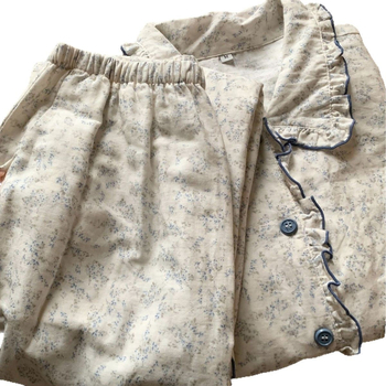 Kodusostüü tüdrukutele, nukukaelaga, volangiriba, pikkade varrukatega, püksid, 100% puuvill