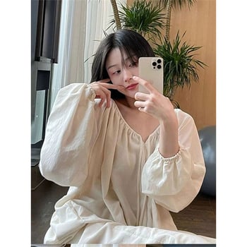 Rochie de noapte cu mâneci lungi, decolteu în V, poliester, rochie lungă, primăvara 2024