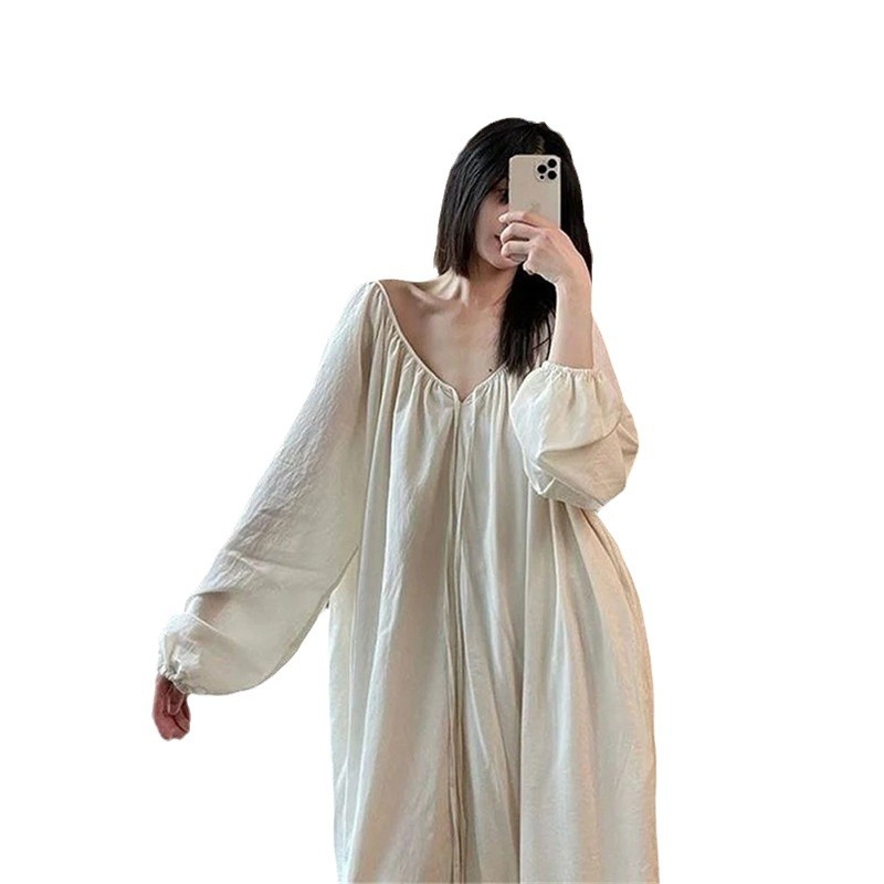 Rochie de noapte cu mâneci lungi, decolteu în V, poliester, rochie lungă, primăvara 2024