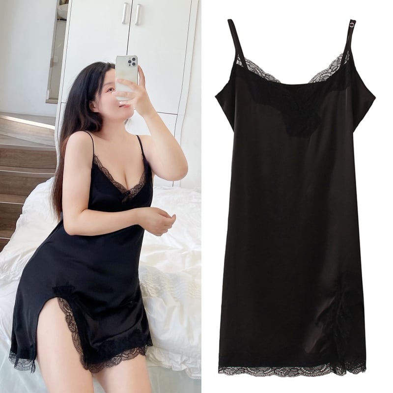 Noc de tip sling din Ice Silk, cu detalii de dantelă, fără mâneci, croială lejeră, respirabil