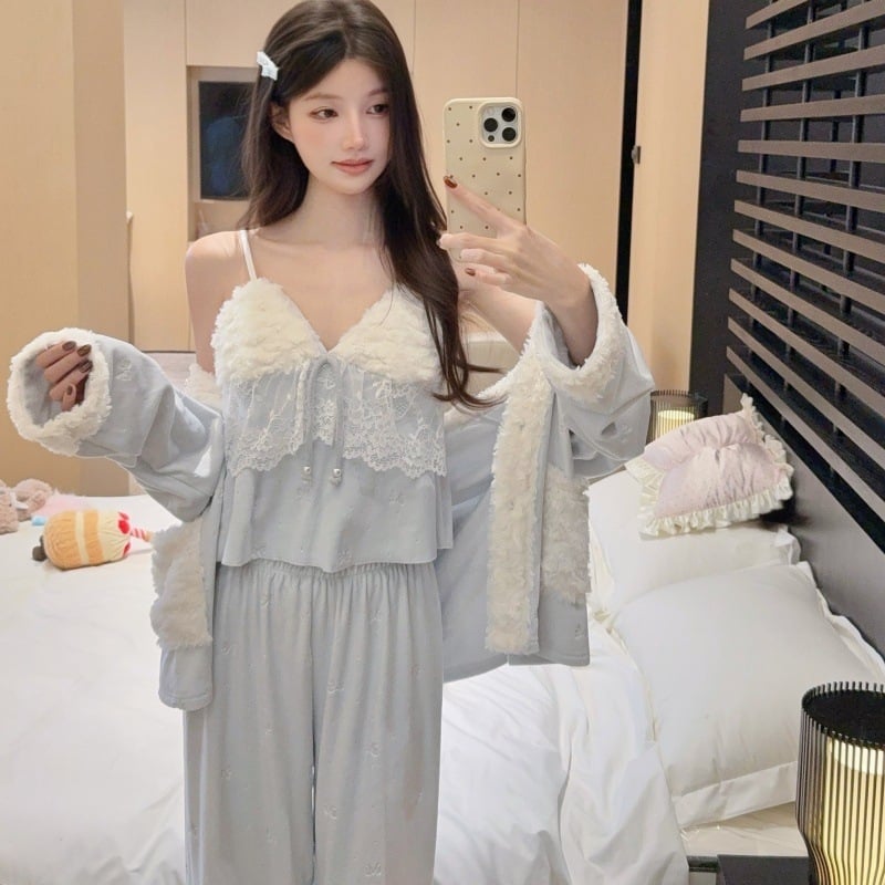 Island Velvet kolmekohaline pajamakomplekt naistele, kapuuts, sõbralik stiil, V-kaelus, pikkade pükstega