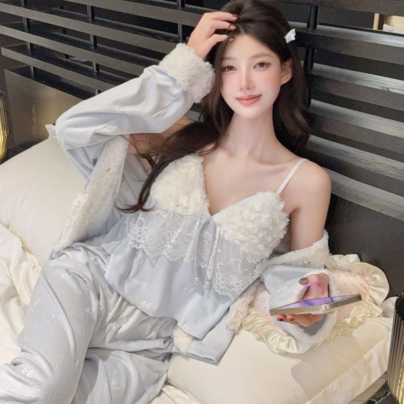 Island Velvet kolmekohaline pajamakomplekt naistele, kapuuts, sõbralik stiil, V-kaelus, pikkade pükstega