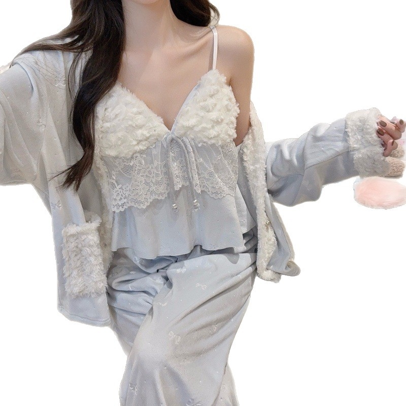 Island Velvet kolmekohaline pajamakomplekt naistele, kapuuts, sõbralik stiil, V-kaelus, pikkade pükstega