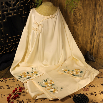 Naise pidžaamase komplekt Suzhou tikandusega — Hiina ajalooline/natsionaalne stiil, kerge polüester, ümmargune kaelus, pikad varrukad, plaatnupudega kinnis