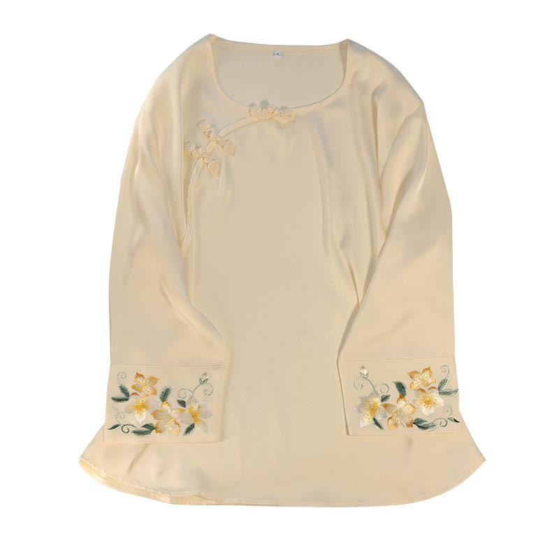 Naise pidžaamase komplekt Suzhou tikandusega — Hiina ajalooline/natsionaalne stiil, kerge polüester, ümmargune kaelus, pikad varrukad, plaatnupudega kinnis