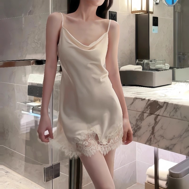 Set de pijama Ice Silk, Sling, decolteu în V, fără mâneci, fustă scurtă, 95–100% poliester