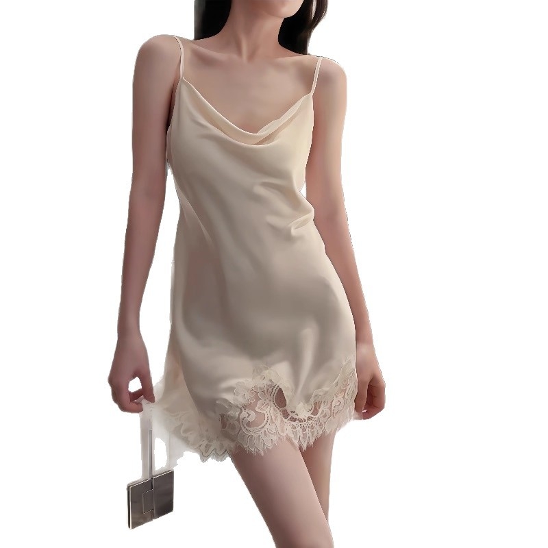 Set de pijama Ice Silk, Sling, decolteu în V, fără mâneci, fustă scurtă, 95–100% poliester