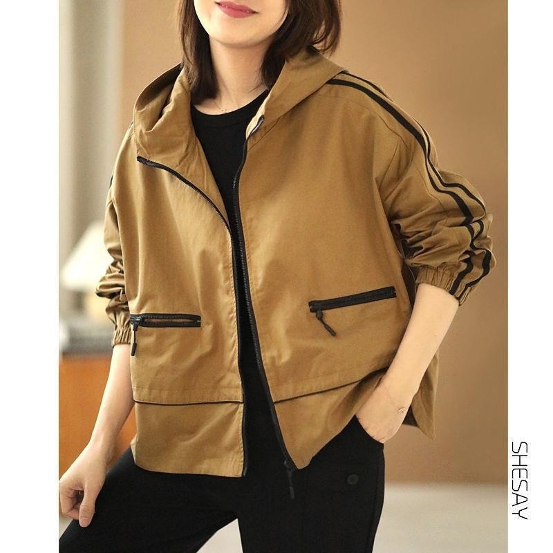 Geacă casual pentru femei cu glugă, mâneci lungi, buzunare cu fermoar, țesătură din bumbac/poliester, Toamnă 2022