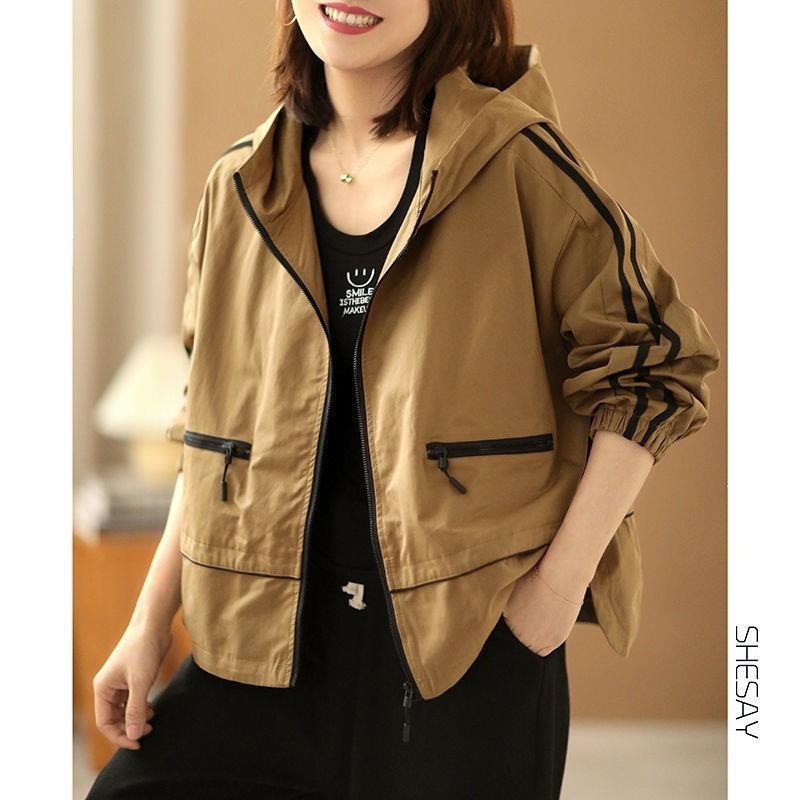 Geacă casual pentru femei cu glugă, mâneci lungi, buzunare cu fermoar, țesătură din bumbac/poliester, Toamnă 2022