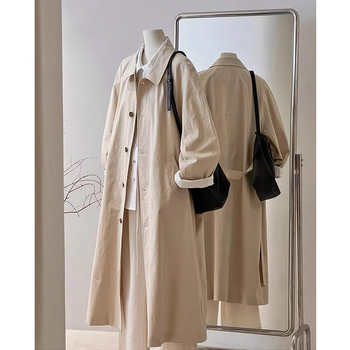 Palton trench pentru femei în stil japonez-coreean, poliester, model simplu, lungime medie, croială lejeră