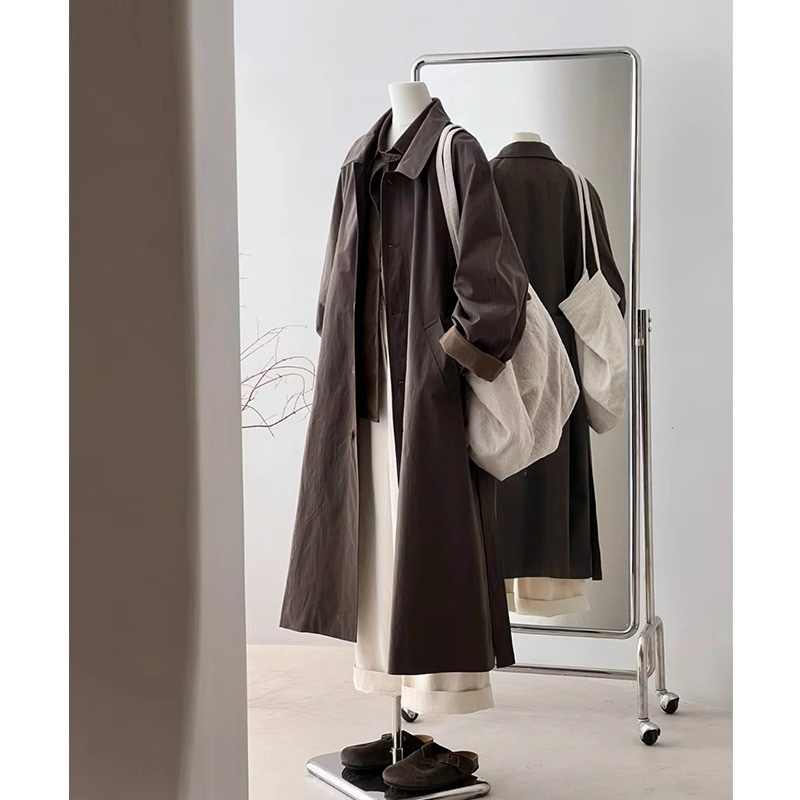 Palton trench pentru femei în stil japonez-coreean, poliester, model simplu, lungime medie, croială lejeră