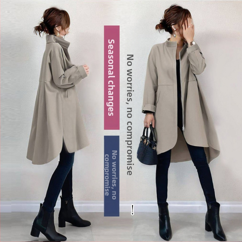 Poliestera jaka ar brīvu piegriezumu, ar rāvējslēdzēja kabatām, garas piedurknes — rudens 2024, pilsētas stils