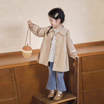 Meitenēm trench coat ar ziedu rakstu, vidēja garuma, apaļš kakls, 3/4 piedurknes, PVC audums 50–70%