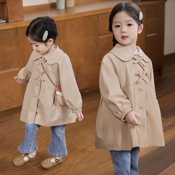 Meitenēm trench coat ar ziedu rakstu, vidēja garuma, apaļš kakls, 3/4 piedurknes, PVC audums 50–70%