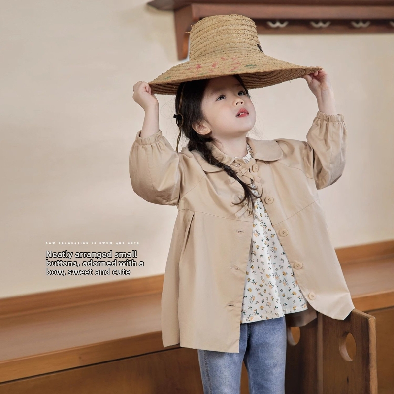 Meitenēm trench coat ar ziedu rakstu, vidēja garuma, apaļš kakls, 3/4 piedurknes, PVC audums 50–70%