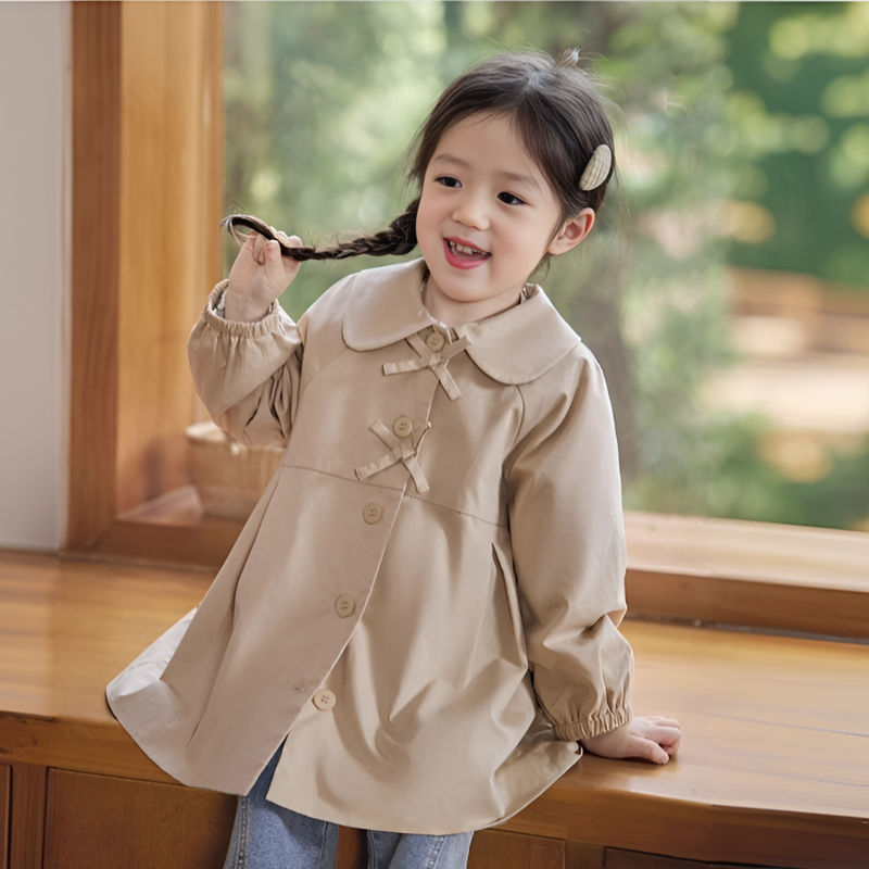 Meitenēm trench coat ar ziedu rakstu, vidēja garuma, apaļš kakls, 3/4 piedurknes, PVC audums 50–70%