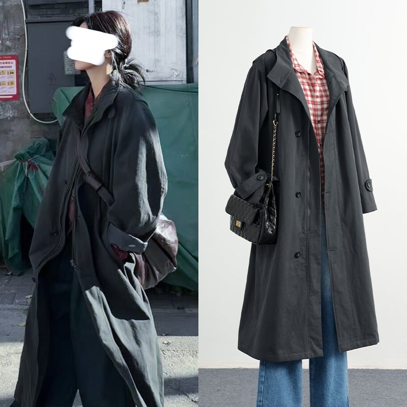 Palton trench lung – din nailon, croială lejeră în stil coreean, peste genunchi, fermoar
