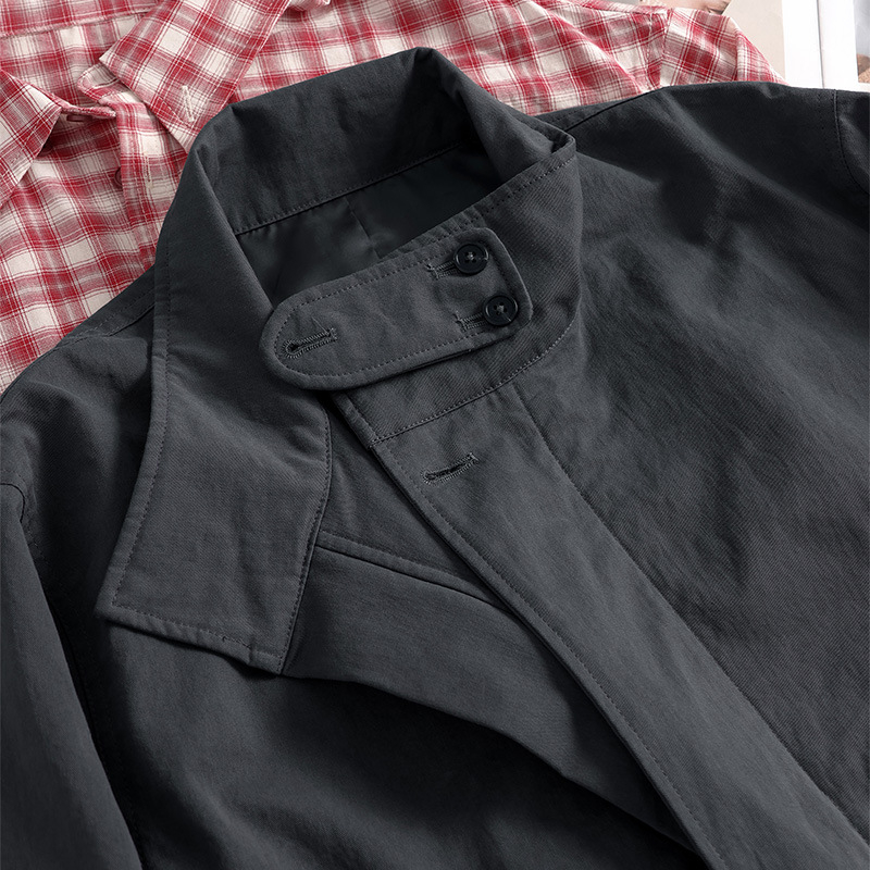 Palton trench lung – din nailon, croială lejeră în stil coreean, peste genunchi, fermoar