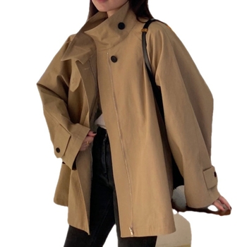 Ženski kratki trench kaput – korejski chic retro dizajn, poliester tkanina, srednja debljina, labav kroj, stojeći ovratnik, zatvaranje zipom