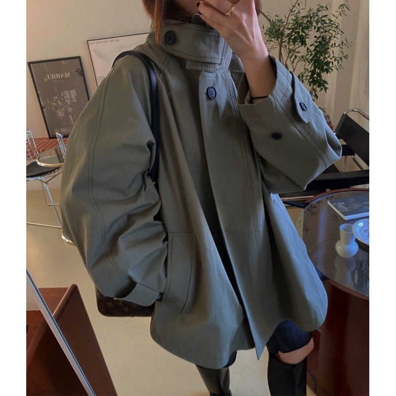 Ženski kratki trench kaput – korejski chic retro dizajn, poliester tkanina, srednja debljina, labav kroj, stojeći ovratnik, zatvaranje zipom