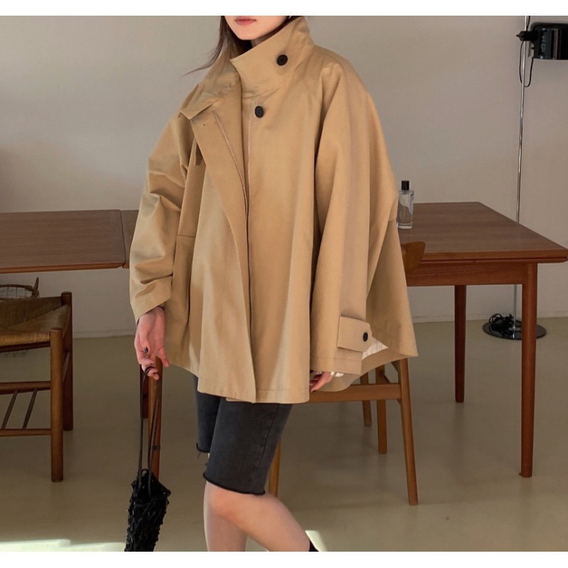 Ženski kratki trench kaput – korejski chic retro dizajn, poliester tkanina, srednja debljina, labav kroj, stojeći ovratnik, zatvaranje zipom