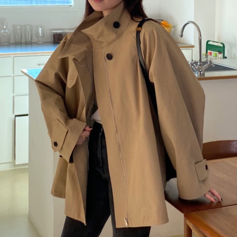 Ženski kratki trench kaput – korejski chic retro dizajn, poliester tkanina, srednja debljina, labav kroj, stojeći ovratnik, zatvaranje zipom