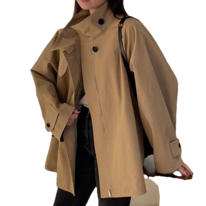 Ženski kratki trench kaput – korejski chic retro dizajn, poliester tkanina, srednja debljina, labav kroj, stojeći ovratnik, zatvaranje zipom
