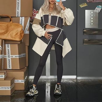 Geacă de damă din tricot de bumbac, cu model color-block și guler rever