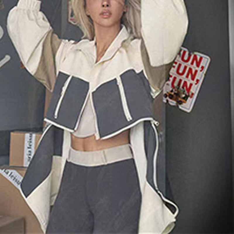 Geacă de damă din tricot de bumbac, cu model color-block și guler rever