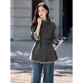 Palton trench pentru femei, lungime medie, poliester, guler înalt, mâneci lungi, croială lejeră, stil japonez-coreean.