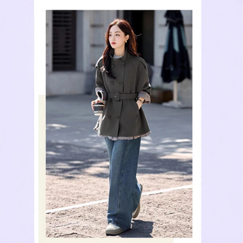 Palton trench pentru femei, lungime medie, poliester, guler înalt, mâneci lungi, croială lejeră, stil japonez-coreean.