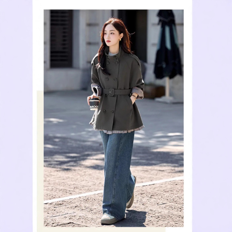 Palton trench pentru femei, lungime medie, poliester, guler înalt, mâneci lungi, croială lejeră, stil japonez-coreean.