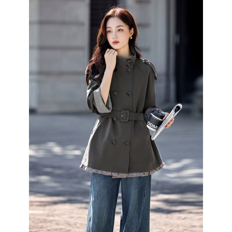 Palton trench pentru femei, lungime medie, poliester, guler înalt, mâneci lungi, croială lejeră, stil japonez-coreean.