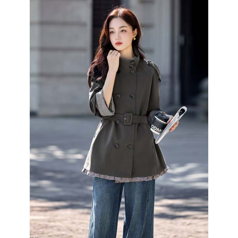 Palton trench pentru femei, lungime medie, poliester, guler înalt, mâneci lungi, croială lejeră, stil japonez-coreean.