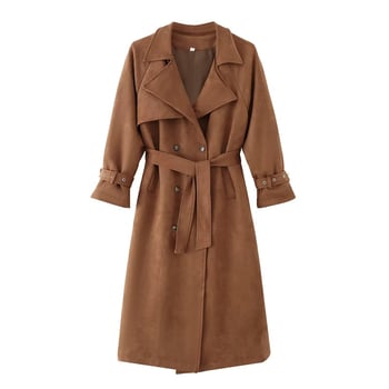 Дълго дамско палто от полиестер, лацетна яка, двуредно закопчаване, свободен силует, полиестер 95%+, едноцветно