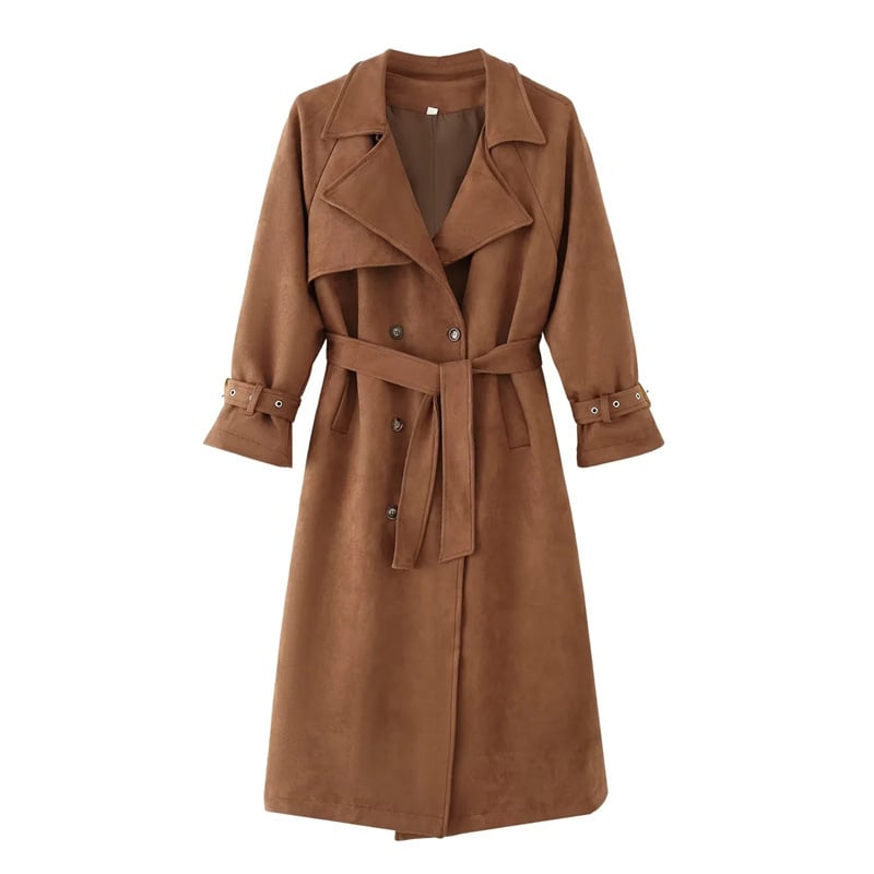 Дълго дамско палто от полиестер, лацетна яка, двуредно закопчаване, свободен силует, полиестер 95%+, едноцветно