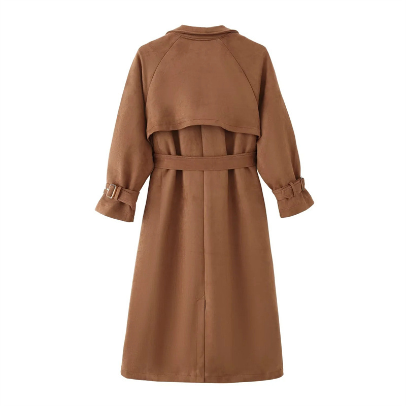 Дълго дамско палто от полиестер, лацетна яка, двуредно закопчаване, свободен силует, полиестер 95%+, едноцветно