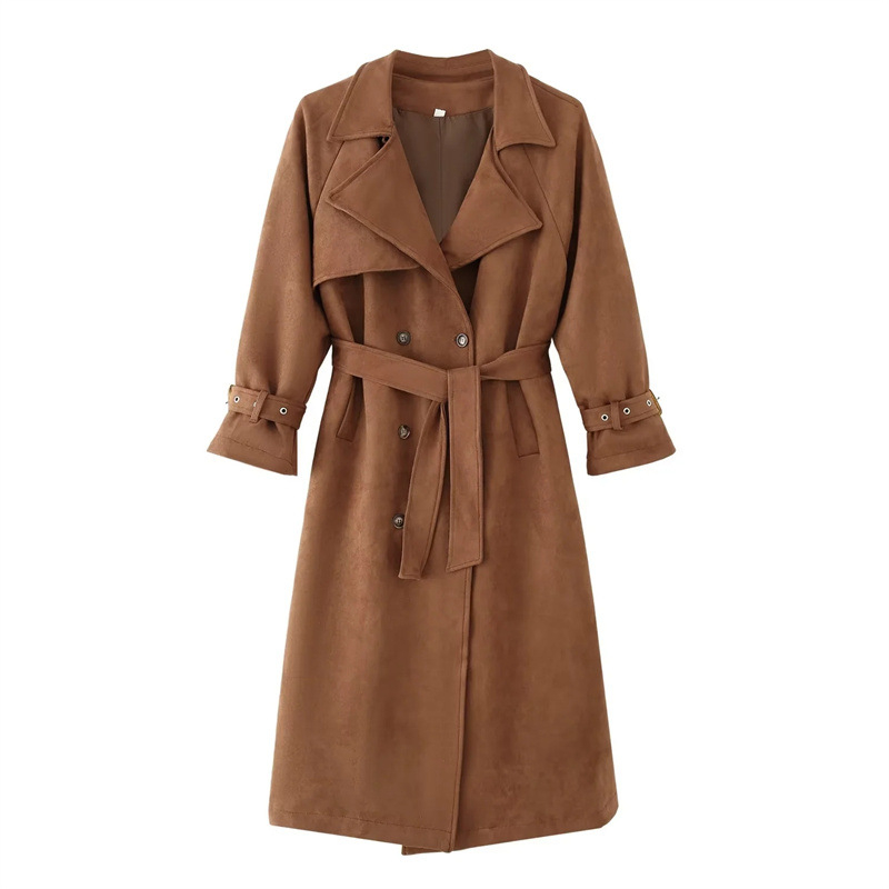 Дълго дамско палто от полиестер, лацетна яка, двуредно закопчаване, свободен силует, полиестер 95%+, едноцветно