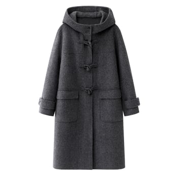 Palton lung cu glugă din lână, croială lejeră, țesătură Poliester, nasturi în 1 rând - stil britanic