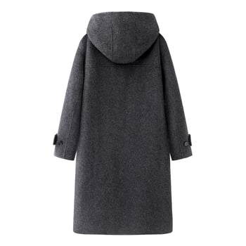 Palton lung cu glugă din lână, croială lejeră, țesătură Poliester, nasturi în 1 rând - stil britanic