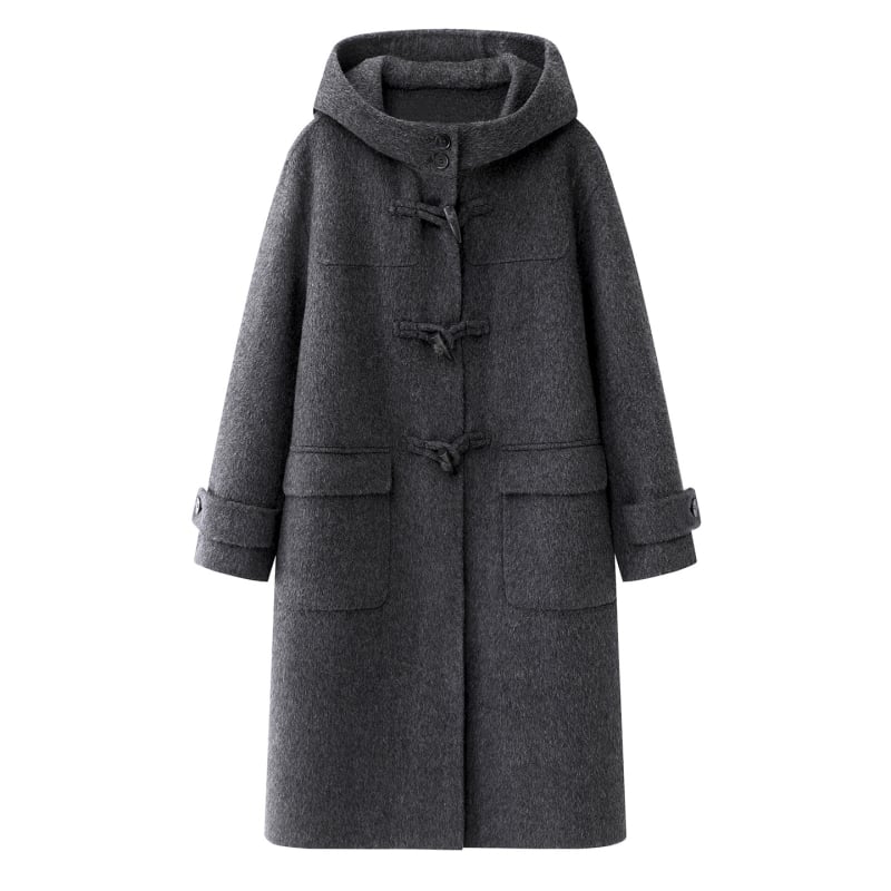 Palton lung cu glugă din lână, croială lejeră, țesătură Poliester, nasturi în 1 rând - stil britanic